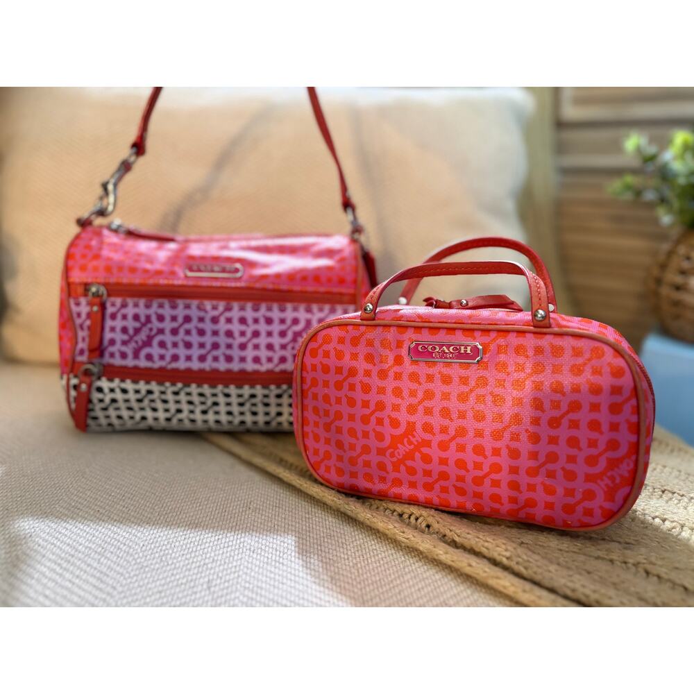 Coach Poppy Op Art C Mini Bag & Jewelry Pouch/Cosmetic Case Pink Orange